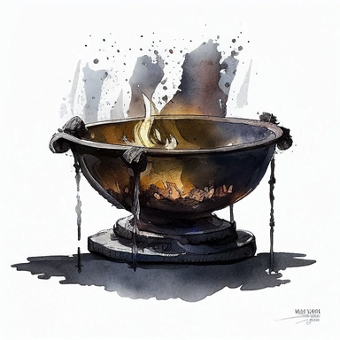 Bowl with fire on an iron stand, medieval tavern, in black color, gothic style, watercolor by mary whyte, romantism, clear line, white solid background, clipart, medieval