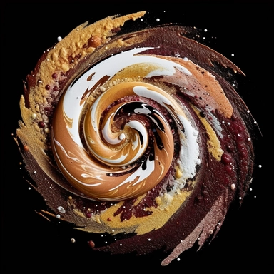 a spiral galaxy seen from above, made of milk, melted chocolate, white chocolate and cappuccino, clipart, black background