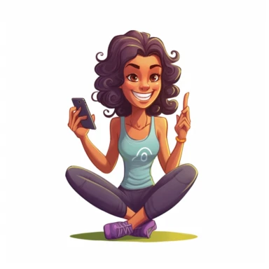 cartoon fitness girl doing yoga and looking at one iphone in her hand and smiling, no background, inspired by clipart