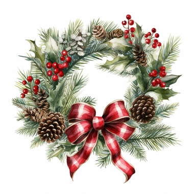 christmas pine and red bow wreath clipart, white background