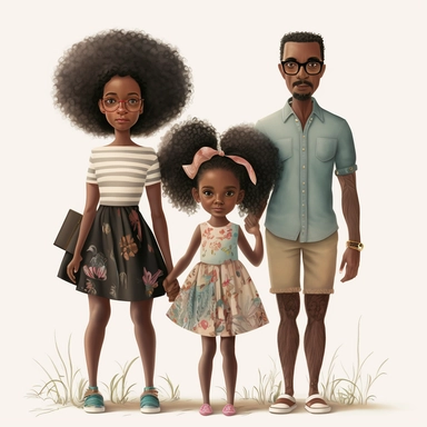 Happy Black Girl and her mom and dad Smiling art,black girlsclipart, Funny black girl , Cheerful african american girl child png, clipart, afro ,Full body with legs , in sag harbor at thw beach , Cottage core , preppy , Highly detailed close-up portrait ,