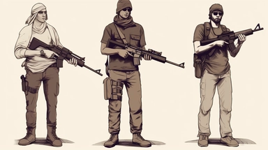 full body portrait of A small group of civilian men holding rifles (m16 + m60 + pistol gun +uzi gun ) + they wear the modern clothes , they are from the 21 centry + white back ground + horizontal images aspects + dark color tones+ vintage drawing style ,clipart drawing, clipart image, high definition drawing, clean colors, balanced colors, detailed drawing,