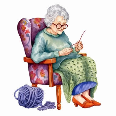 Granny knitting on the chair, Grandma, illustration, extremely detailed, illustration clipart, on white background, watercolor