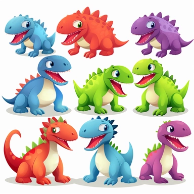 Create a set of 2D dinosaur clipart images featuring suitable for children's educational and entertainment materials. The images should be in a fun, cartoon style that is easy for children to understand and appreciate, with bright and playful colors that are appealing to kids. Please ensure that each species is easily distinguishable and recognizable. The background of the image should be white, no shadow, landscape, trees, flowers, leaves, plants, or text in the image