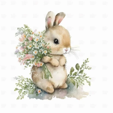 Little bunny holding flowers, clipart, High Quality, white background, Watercolor