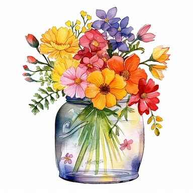 watercolor Vase of Flowers Clipart, an illustration of a watercolor bouquet in a glass jar, art colorful vase with flowers, spring flowers, Free-cut on an all-white background, no shadows, primary colors, maximum contrasts, no typography