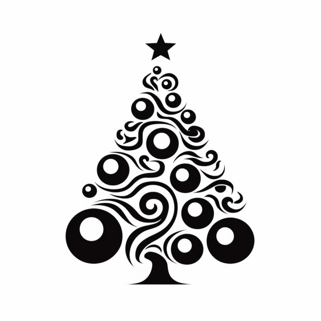 black and white silhouette of a christmas tree, clipart style, white ...