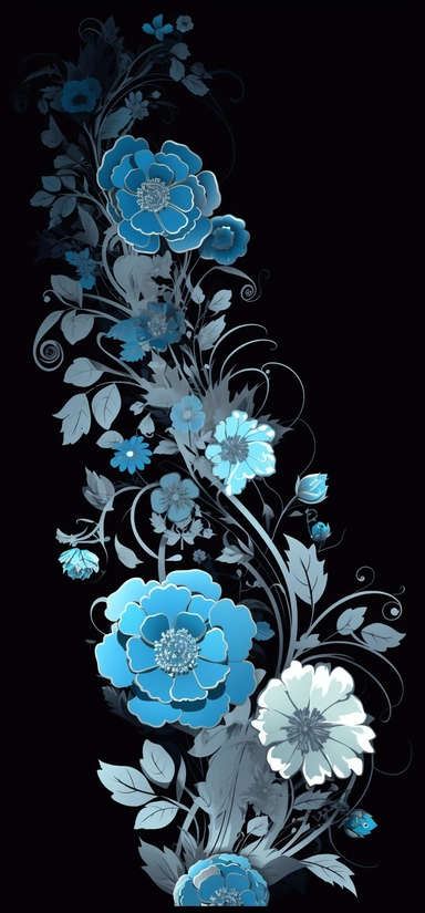 blue flowers with swirl and swirls transparent background png clipart, in the style of light blue and dark black, yuumei, uhd image, striped arrangements, tropical baroque, black background, dark white and sky-blue