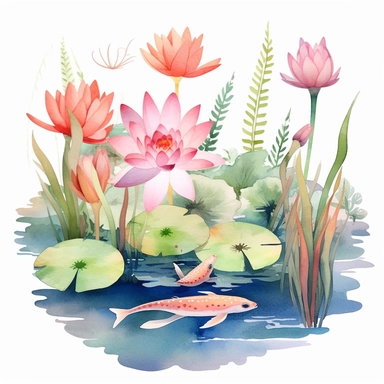 Watercolor Lily Pond Clipart, lily pad and frog pond, CLIPART, fish and birds