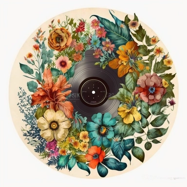 Clipart, vinyl record, vintage hippie flowers, watercolor, by Betsey Johnson, intricate, illustration, detailed, 8k, png, isolated on white background