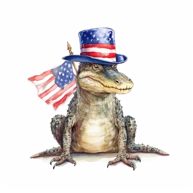 full perspective, watercolor american patriotic alligator wearing a hat clipart illustration, centred, vibrant colors, add the flag, on a white background, no watermark, no logo, no writing
