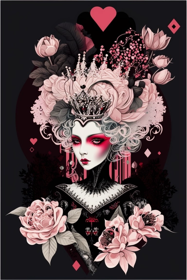 <https://s.mj.run/9tV4APT6Ydk> macro shot, haute couture dolce & gabbana illustration clipart of gothic Alice in Wonderland evil queen of hearts with black diamonds and flowers, pink color palette, white background,
