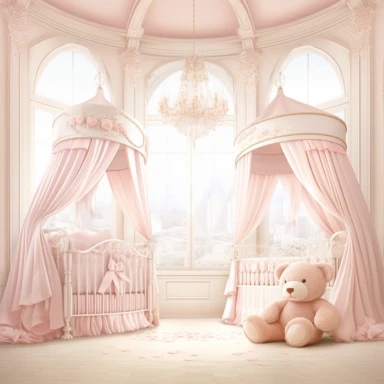 panoramic view, full view, beautiful elegant royal baby girl nursery room drawing painting, frilly, romantic, fantasy, ethereal, light pink and white colors, beautiful crib with beautiful full flowing canopy, beautiful bling crystal chandelier, soft pink teddy bear, beautiful large Victorian style window with beautiful pink flowing drapes, faux fur rug, sharp focus, high detail, 8k, illustration clipart style, transparent background