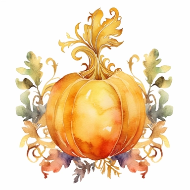 Watercolor velvet boho pumpkin with gold ornate watercolor sitting on pumpkin leaves white background clipart