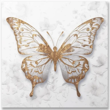 clipart, a gold butterfly on top of a floral patterned background, solid white background, white edge, minimalist background, in the style of ethereal illustrations, mende art, kimoicore, romantic emotivity, rich and immersive, soft color, wedding theme, expensive, double tone effect, white and gold, light gold and silver, wedding theme