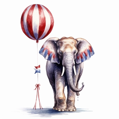 stunning detailed watercolor vintage circus elephant on a ball, full body, clipart on white background