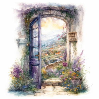 isolated on white illustration watercolor art of a front door from inside the fairy house, the window shows the landscape from the garden with lavender and a road going into the mountains, a lot of lavender, masterpiece by Hans Zatzka style and by Josephine Wall style and by Alexander Jansson style and by Ivan Fedorovich Choultse style, Art Nouveau Architecture, PNG clipart, isolated on white, extreme photorealistic details, 32k HD resolution, realistic high detailization high resolution