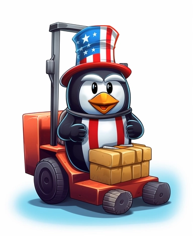Showcasing a cartoon penguin as a forklift operator, with the design featuring patriotic elements and colors reminiscent of the United States flag. The overall design can appear polished and poignant, with the penguin proudly operating the forklift, that can be used as a sticker, colorful, highly detailed, with a white background, in the style of Pixar clipart, and no cut off edges.