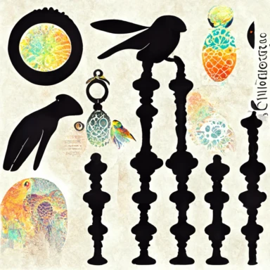 1 keyhole silhouette on white background, sacred geometry embellishments, stone texture, marketing clipart detailed engravings, 1 colorful parrot holding rolled up scroll, style in halftone comic book illustration
