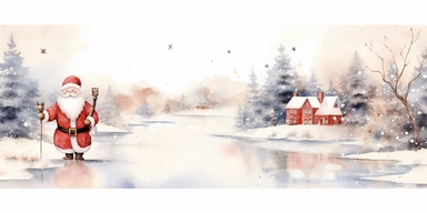 christmas theme Watercolor Cute santa claus wearing red & blue Clipart Collection in beautiful winter landscape with a lot of snow and a small lake, christmas theme, detailed, isolated, white background, one pattern,