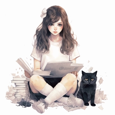 watercolor, hyper realistic, white background, white margins, 16k, ultra detailed clipart, cut out image, hand-drawn kawaii girl at work sitting with cat and cat, in the style of digital art wonders, website