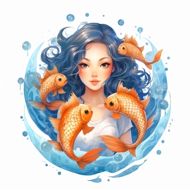 Pisces zodiac sign as fantasy cute asian girl surrounded by two koi fish, water theme, Watercolor pisces Zodiac Sign Clipart, 8k, detailed white background, uplighted