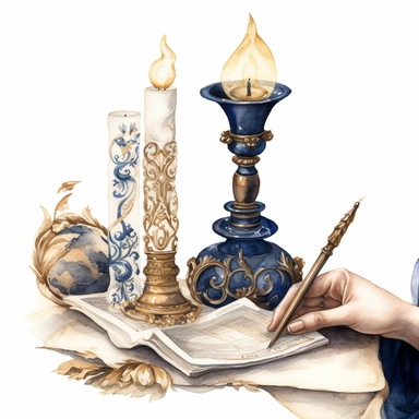 watercolor, hyper realistic, white background, white margins, 16k, ultra detailed clipart, cut out image, hand-drawn, whimsical a close-up of a woman's hand writing a letter with a quill pen on a scroll, with a candlestick holder and an antique hourglass in the background, with a color scheme of dark blue and gold.