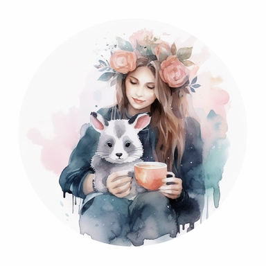 cute adorable drawn circular design watercolor illustration with mom animal and her kid drinking tea together on the white background, adorable, cutem sweet, clipart, highly detailed