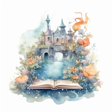fantasy scene coming out of an open book, castel, florals, magical, watercolors, Clipart, pastel blue color theme