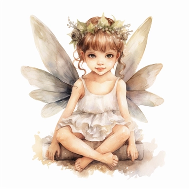 little girl, big eyes, dressed as a fairy with wings on her back, beautiful and happy, she is sitting and head is turned towards camera, very detailed and realistic, watercolor, white background with margins, clipart style