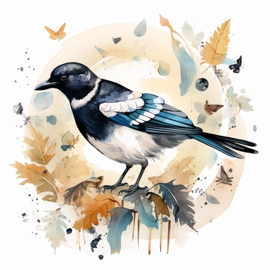 An endearing watercolor Eurasian magpie bird clipart of Eurasian magpie bird playing with different elements 300DPI