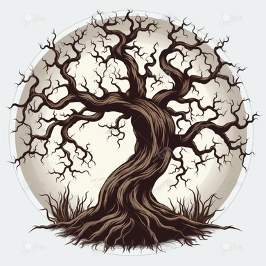 A spooky tree with gnarled branches and twisted roots, casting eerie shadows on the ground. The tree has a whimsical and slightly spooky feel, perfect for Halloween-themed scenes. full moon above and behind the tree. White background, vector, cartoon clipart, contour.