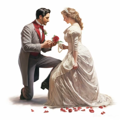 old victorian era, man proposing to woman, angle perspective, hyper-realistic painting, decorated with minimal amount of red roses, intricate details, elegance, charm, clipart, white background