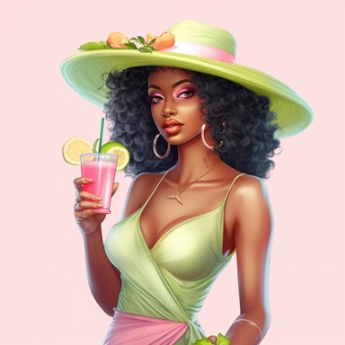 Pretty black woman, Sun Straw Hat Wide Brim Summer Beach Hat, pretty, holding a cocktail drink, pink and green outfit, 4k, hd, clipart, sticker, fantasy style