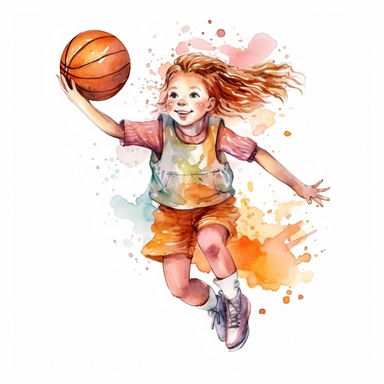 cute Watercolor whitegirl cartoon basketball player shooting hoops, clipart, white background
