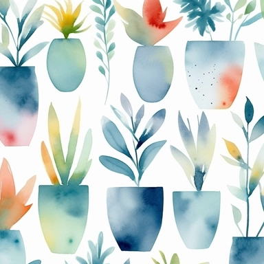 seamless pattern, colorful abstract pot plant, modern art, light blue colors, watercolor clipart, white background, minimalist, abstract, simplistic