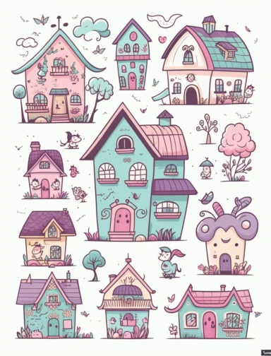 big houses and small houses, clipart style, vector, logo, cute, golden, purple, teal, pink, lite blue, picture book style, children's lesson book, captivating, kid friendly cute character, black and white, coloring book style, cartoon style, vector image, simple, line art style, character, white background