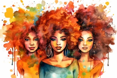3 brown skin sisters with big hair, colorful watercolor clipart