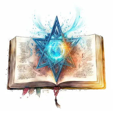 Solid white background, Detailed watercolor open ancient wizard magic book with symetrical love magic swelling from the book's pages clipart. The visable pages of the book have glowing etched runes on them visibly.