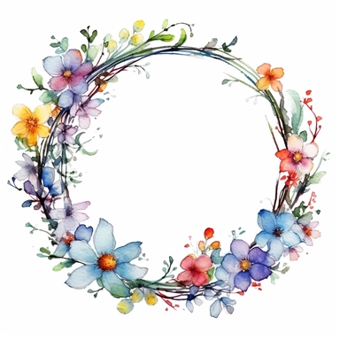watercolor clipart of a empty suttle dainty floral circle frame surrounded by spring flowers. Capture the essence of blooming beauty and intricate details in your artwork, white background