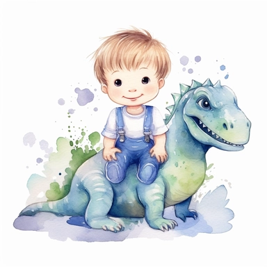 Cute baby boy and dinosaur watercolor Clipart, clear edges, white background, artistic watercolor, very detailed, watercolor, white background, isolated elements