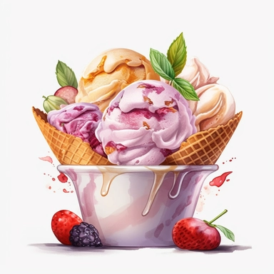 Gelato: Italian-style ice cream, often served with a variety of flavors and toppings, watercolor clipart illustration, flat blank transparent background, food photography, soft cinematic lights, juicy, bright, high quality, ultra detailed, 32k