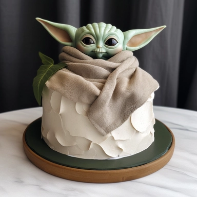 Base Cake Design: Start with a round or rectangular cake as the base. You can choose the size depending on your preference and the number of servings needed. Frost the cake with a smooth layer of green buttercream or fondant to represent the color of Baby Yoda's skin. Baby Yoda Topper: Use a smiling Baby Yoda clipart image as a reference for creating a fondant or gum paste topper. Roll out green fondant or gum paste and shape it into a miniature Baby Yoda figure. Sculpt the head, large round eye