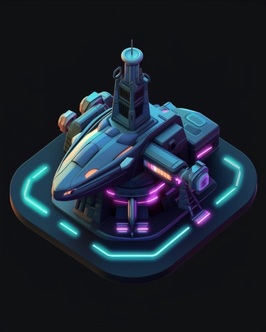 isometric perspective, game sprite, futuristic hovercraft parking hanger concept, gaming asset, sci-fi, fun, creative, cartoon, clipart, hyper-detailed, black background,
