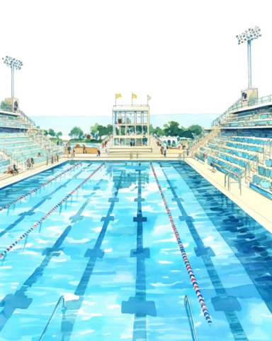 detailed watercolor olympic swimming pool , wide angle, long shot, realistic, isolated on white background, clipart