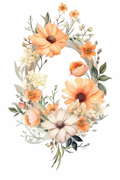 watercolor clipart of a empty suttle dainty floral oval frame surrounded by peach color flowers and cream color flowers. Capture the essence of blooming beauty and intricate details in your artwork, white background