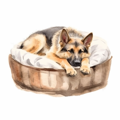 watercolor clipart image, german shepard sleeping in dog bed, white background