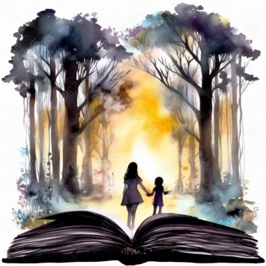 Watercolor clipart open book with silhouette of mother and daughter in it with internal open forest