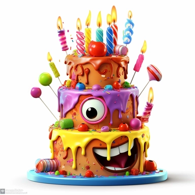 clipart of a messy two layer birthday cake, there is a funny face in the cake, candles, cartoon, for kids, funny, pixar, 8k, white background, sharp focus, detailed,