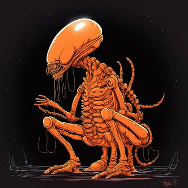 orange alien Garfield cat xenomorph on monday, illustration, in the style of 90’s clipart, black background, limited color palette, 1990’s aesthetic, normcore, by Wolfgang Weingart, by Richard Corben, by Frank Miller, by Moebius, Mid Century Modern animation style
